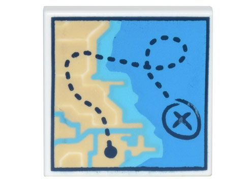Tile 2 x 2 with Map of Coastline with Tan Land, Dark Azure and Medium Azure Water, and Dark Blue Dotted Line with 'X' Pattern