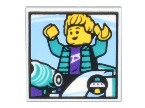 Tile 2 x 2 with Space Ride Photo of Minifigure with Raised Arms with Dark Turquoise Jacket and Dark Purple Shirt Pattern