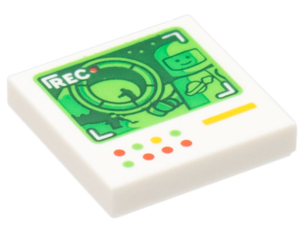 Tile 2 x 2 with Dark Green Screen with 'REC' and Classic Space Minifigure, and Red, Bright Green and Yellow Lights and Line Pattern