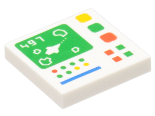 Tile 2 x 2 with '497' and Galaxy Explorer on Control Screen and Red, Bright Green, Yellow and Blue Buttons, Lights, and Line Pattern