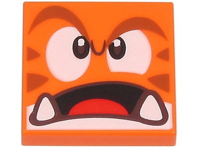 Tile 2 x 2 with Angry Reddish Brown Eyebrows, Dark Brown and White Eyes, Black Open Mouth with Bottom Fangs and Red Tongue Pattern (Super Mario Cat Goomba Face)