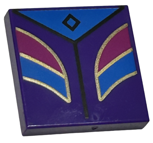 Tile 2 x 2 with Blue and Magenta Shapes with Gold Outline, Triangle with Black Diamond Pattern (BrickHeadz Kingsley Shacklebolt Torso)