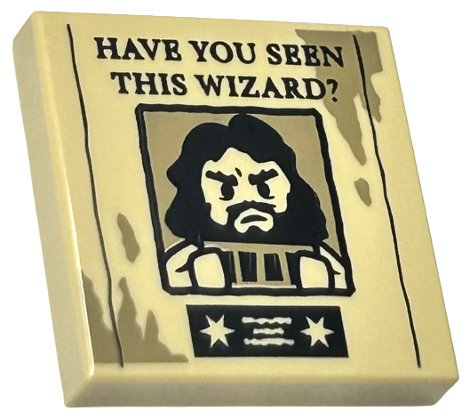 Tile 2 x 2 with Black 'HAVE YOU SEEN THIS WIZARD?' and Sirius Black Minifigure on Wanted Poster with Dark Tan Dirt Marks Pattern