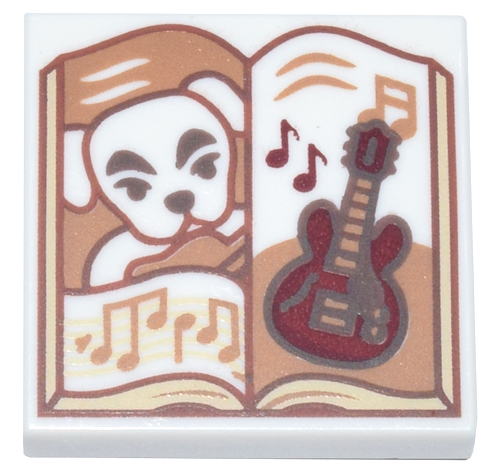 Tile 2 x 2 with Open Book with White Dog, Dark Red Guitar, and Medium Nougat Music Notes Pattern (Animal Crossing K.K. Slider)