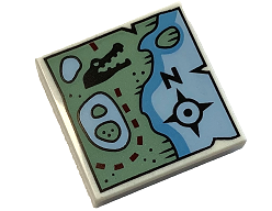 Tile 2 x 2 with Map of Coastline with Sand Green Land, Black Alligator / Crocodile Head, Dark Red Dotted Line and Compass Rose with Letter N Pattern
