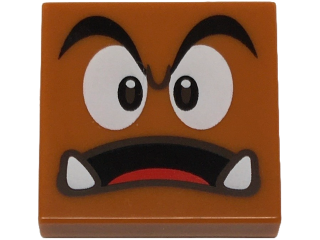 Tile 2 x 2 with Black Eyebrows, Dark Brown and White Eyes Looking Straight, Surprised Open Mouth with Bottom Fangs and Red Tongue Pattern (Super Mario Goomba Face)