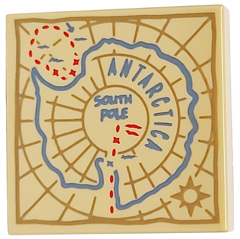 Tile 2 x 2 with Map with Medium Blue 'ANTARCTICA' and 'SOUTH POLE', Dark Tan Compass Rose and Border, Red Dotted Lines Pattern