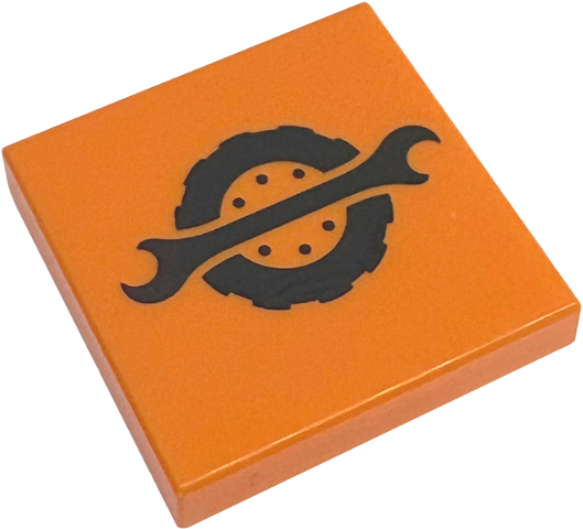 Tile 2 x 2 with Black Spanner Wrench and Wheel Pattern