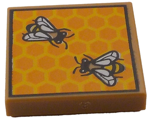 Tile 2 x 2 with Beehive Frame with Orange and Bright Light Orange Honeycomb, Large Bees with White Wings Pattern