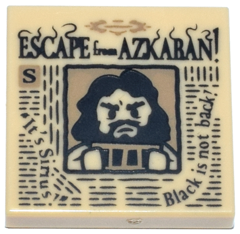 Tile 2 x 2 with Newspaper with 'ESCAPE from AZKABAN!', 'It's Sirius!', 'Black is not back!' and Sirius Black Minifigure on Wanted Poster Pattern