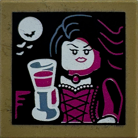 Tile 2 x 2 with Portrait of Vampire Minifigure with Magenta Dress Holding Goblet, White Moon and Bats on Black Background Pattern