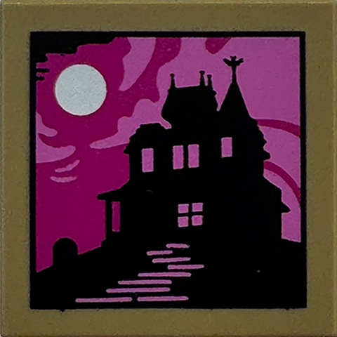 Tile 2 x 2 with Picture of Black Haunted Mansion Silhouette and White Moon on Magenta and Dark Pink Background Pattern