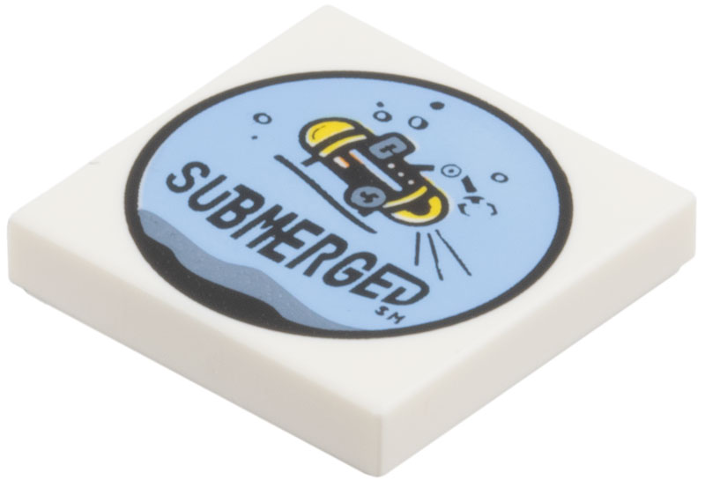 Tile 2 x 2 with 'SUBMERGED' and Black and Yellow Submarine in Bright Light Blue Circle Pattern