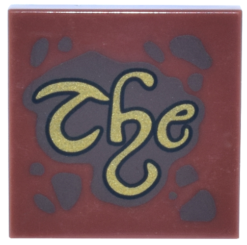 Tile 2 x 2 with Dark Brown Spots and Splatters and Gold Script 'The' Pattern