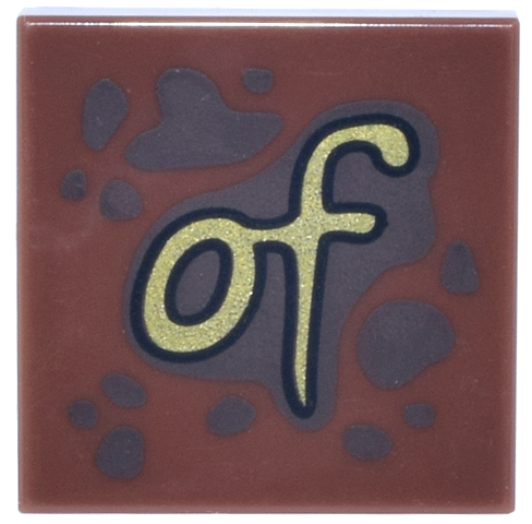Tile 2 x 2 with Dark Brown Spots and Splatters and Gold Script 'of' Pattern