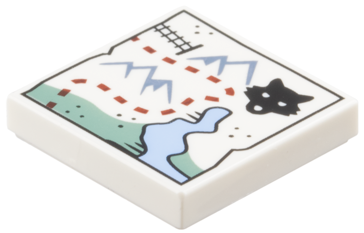 Tile 2 x 2 with Map, Sand Blue Mountains, Black Train Tracks and Wolf Head, Reddish Brown Dotted Line Path, Medium Blue Bay Pattern