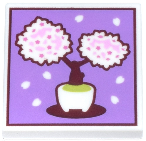 Tile 2 x 2 with White, Dark Pink and Bright Pink Sakura Bonsai Tree and Petals, Dark Brown Stem on Medium Lavender Background Pattern