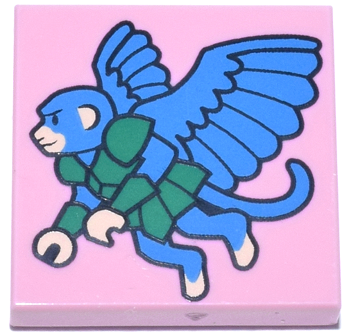 Tile 2 x 2 with Dark Azure and Light Nougat Flying Monkey with Green Armor, Black Outline Pattern