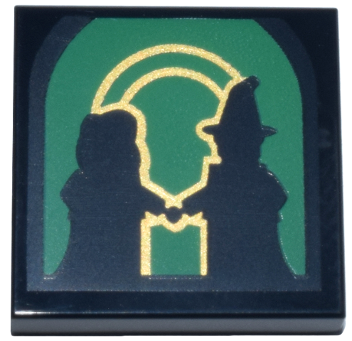 Tile 2 x 2 with Glinda and Elphaba Minifigure Silhouettes, Gold Outlines and Arch on Green Window Background Pattern