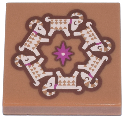 Tile 2 x 2 with Tan and Reddish Brown Big Horn Sheep Wreath and Magenta Star Pattern