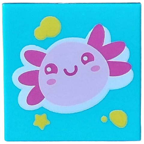 Tile 2 x 2 with Medium Bright Pink Axolotl with Magenta Gills, Eyes and Mouth, Dark Pink Cheeks on White Background, Yellow Star and Spots Pattern