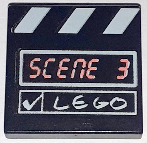 Tile 2 x 2 with 'SCENE 3' and White 'LEGO', Check Mark and Stripes Film Slate Pattern