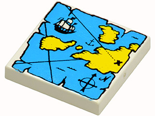 Tile 2 x 2 with Map with Blue Water, Yellow Land, Ship, and Black Letter X Treasure Marker Pattern