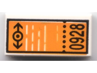 Tile 1 x 2 with Orange Ticket with Black Train Logo and '0928' Pattern