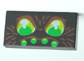 Tile 1 x 2 with Green Eyes and 4 Green Dots with Brown Hairs Pattern (Spider Face)