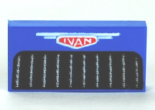 Tile 1 x 2 with White 'IVAN' on Red Emblem, Black Grille Pattern