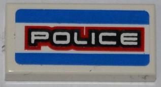 Tile 1 x 2 with Blue Lines and White 'POLICE' with Black and Red Outline Pattern (Sticker) - Set 8301