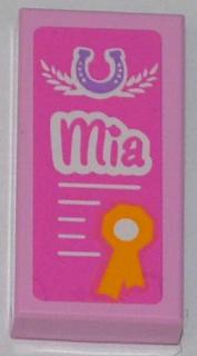 Tile 1 x 2 with Horseshoe, 'Mia', and Award Ribbon on Dark Pink Background Pattern (Sticker) - Set 3189