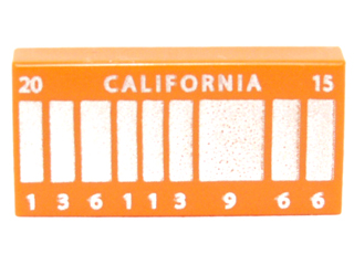Tile 1 x 2 with Silver Stripes, 'CALIFORNIA', '20', '15' and '136113 9 66' Pattern