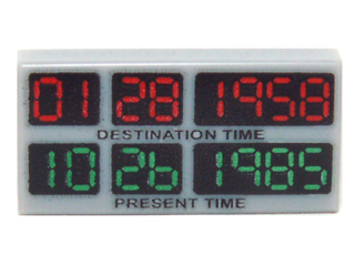 Tile 1 x 2 with Red '01 28 1958', Green '10 26 1985', Black 'DESTINATION TIME' and 'PRESENT TIME' Pattern