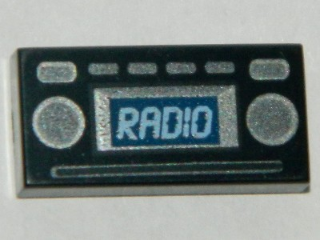 Tile 1 x 2 with Light Blue 'RADIO' and Silver Buttons Pattern