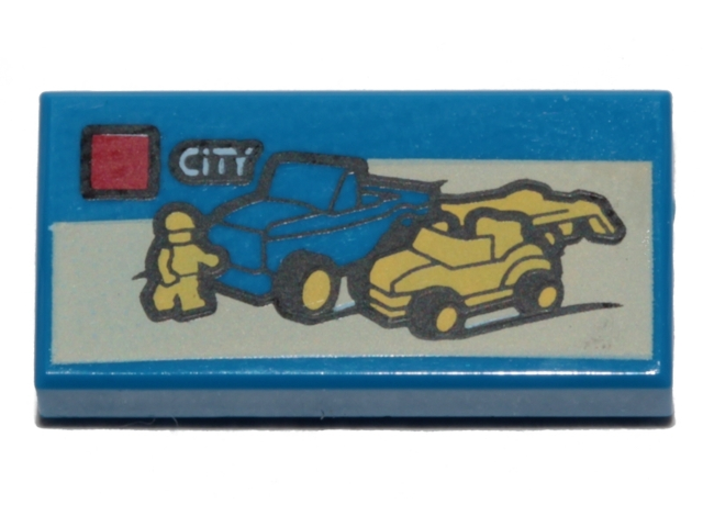 Tile 1 x 2 with LEGO City Set Box Art, Blue Truck and Yellow Minifigure Pattern