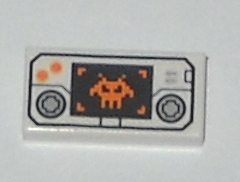 Tile 1 x 2 with Handheld Video Game with Directional Pads, Orange Buttons, and Pixelated Alien on Black Screen Pattern