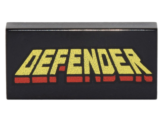 Tile 1 x 2 with Yellow and Red 'DEFENDER' Pattern