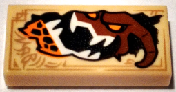 Tile 1 x 2 with Dark Tan Markings and Reddish Brown Monster Head with White Sharp Teeth and Orange Eyes Pattern (Nexo Knights Book of Destruction)