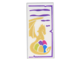 Tile 1 x 2 with Dark Purple Markings and Gold Dragon Holding 5 Colored Eggs Pattern
