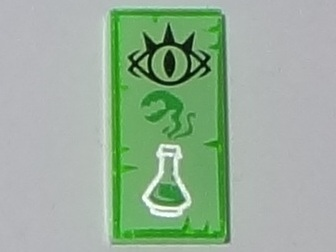 Tile 1 x 2 with Black Goblin Eye and Silver Erlenmeyer Flask with Bright Green Vapors on Yellowish Green Parchment Background Pattern