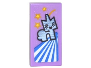 Tile 1 x 2 with Card with Blue Unikitty, 3 Yellow Stars and Blue and White Stripes Pattern (Sticker) - Set 70620