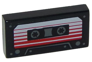Tile 1 x 2 with Audio Cassette, White Label with Red Stripes Pattern