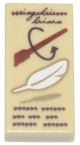 Tile 1 x 2 with Dark Brown Script 'wingardium leviosa' and Scribbles, Reddish Brown Wand, White Feather Pattern