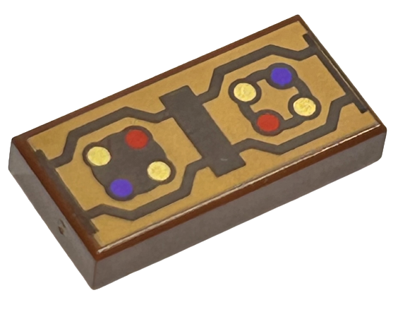 Tile 1 x 2 with Dark Brown Rectangle and Angled Lines and Dark Purple, Gold and Red Dots Pattern (BrickHeadz Albus Dumbledore Robe Trim)