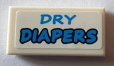 Tile 1 x 2 with Blue 'DRY DIAPERS' Pattern (Sticker) - Set 71016