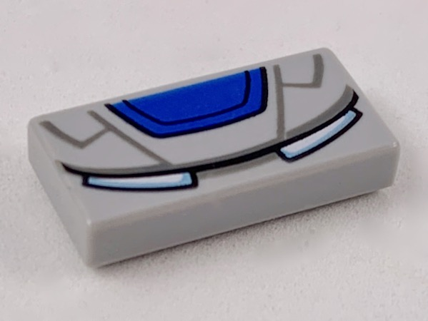 Tile 1 x 2 with Blue Trapezoid, Dark Bluish Gray Lines and Metallic Light Blue Eyes Pattern (Iron Man Mark 38 Forehead)