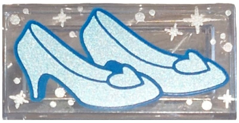 Tile 1 x 2 with Metallic Light Blue Glass Slippers and Silver Sparkles and Dots Pattern
