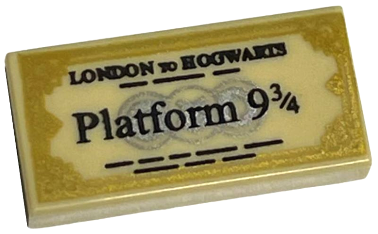 Tile 1 x 2 with Black 'LONDON TO HOGWARTS' and 'Platform 9 3/4' Train Ticket with Gold Edges Pattern