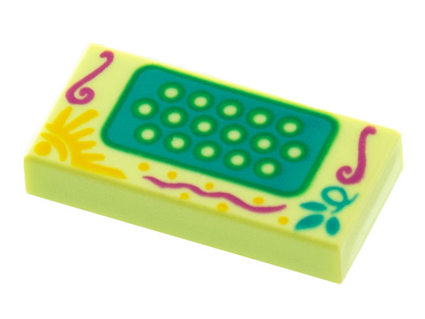 Tile 1 x 2 with Accordion Keys on Dark Turquoise Panel, Magenta Filigree, Sun, Leaves Pattern